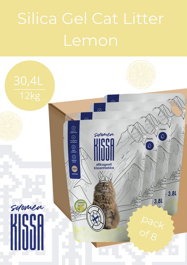 12 kg. /30,4 L. Suomen Kissa sidrunilõhnaline silikageelist kassiliiv ( 8x3,8l.)