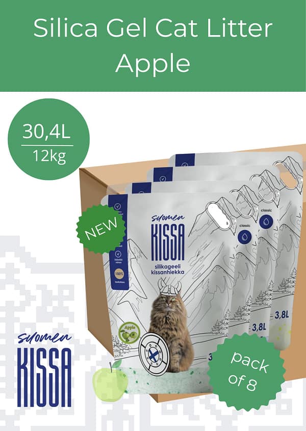 30,4 L./12 kg. Suomen Kissa õunalõhnaline silikageelist kassiliiv (8x 3,8L.)