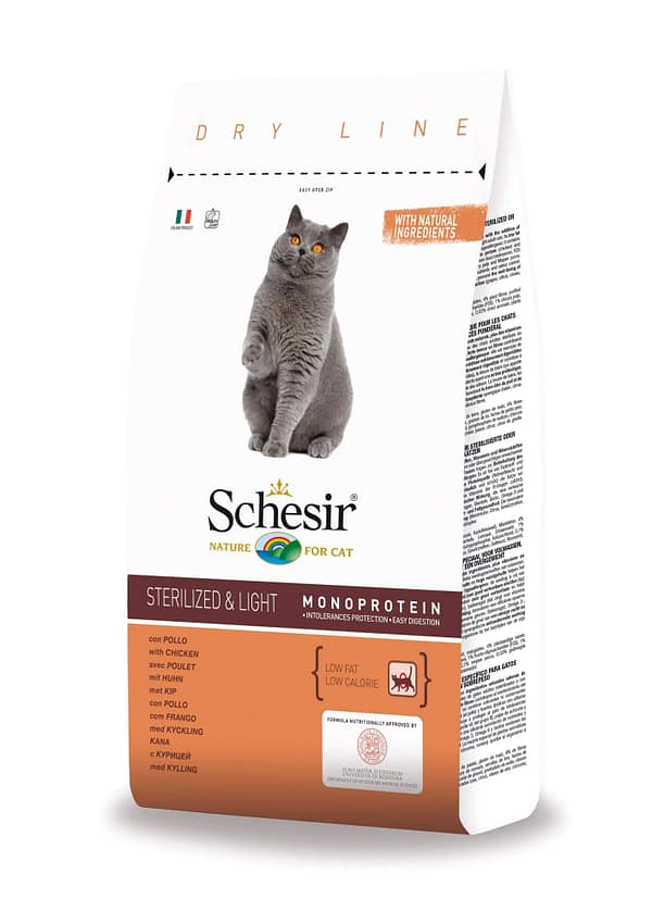 schesir-sterilized-light 1,5 kg. Schesir täissööt steriliseeritud/kastreeritud või kaaluprobleemidega täiskasvanud kassidele kanalihaga