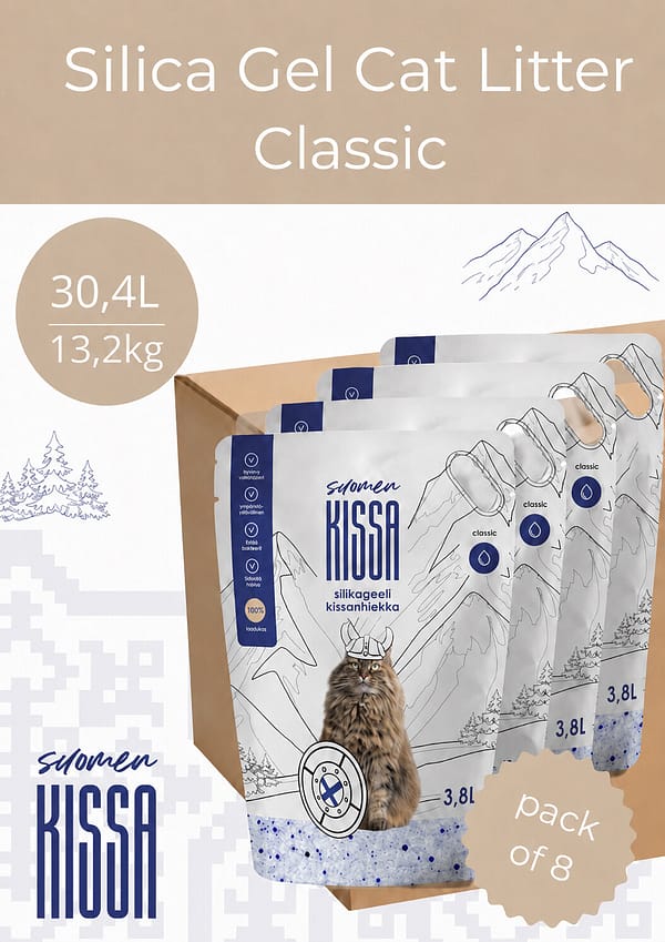 14745011022513.jpg 30,4 L./13,2 kg. Suomen Kissa lõhnatu ja tolmuvaba silikageelist kassiliiv (8 pk. x 3,8L.)