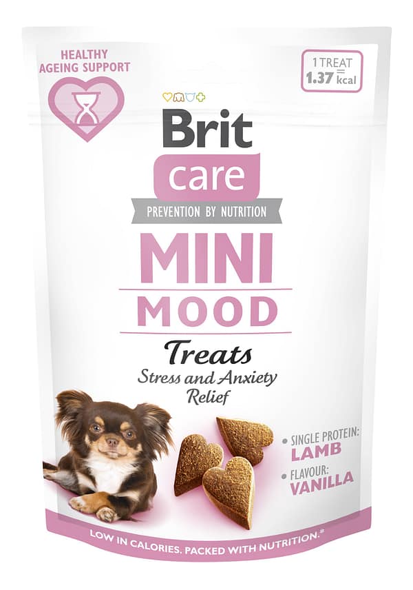 8595602578542.jpg Brit Care Mini Snack Mood poolniisked maiused stressi ja ärevuse leevendamiseks täiskasvanud mini-koertel 50 gr.