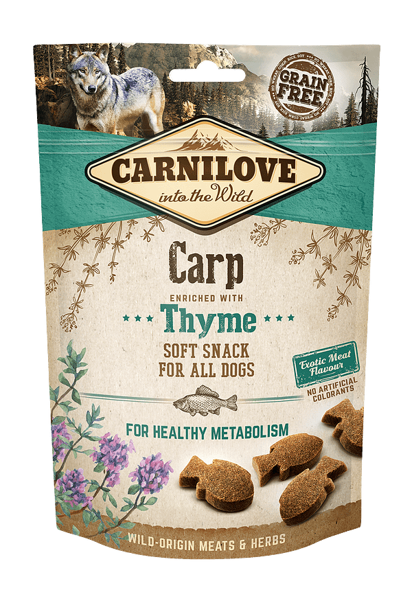 CL_SNACKS_DOG_carpthyme_3D_200g.png CarniLove teraviljavaba pehme maius koertele karpkala ja tüümianiga 200 gr.