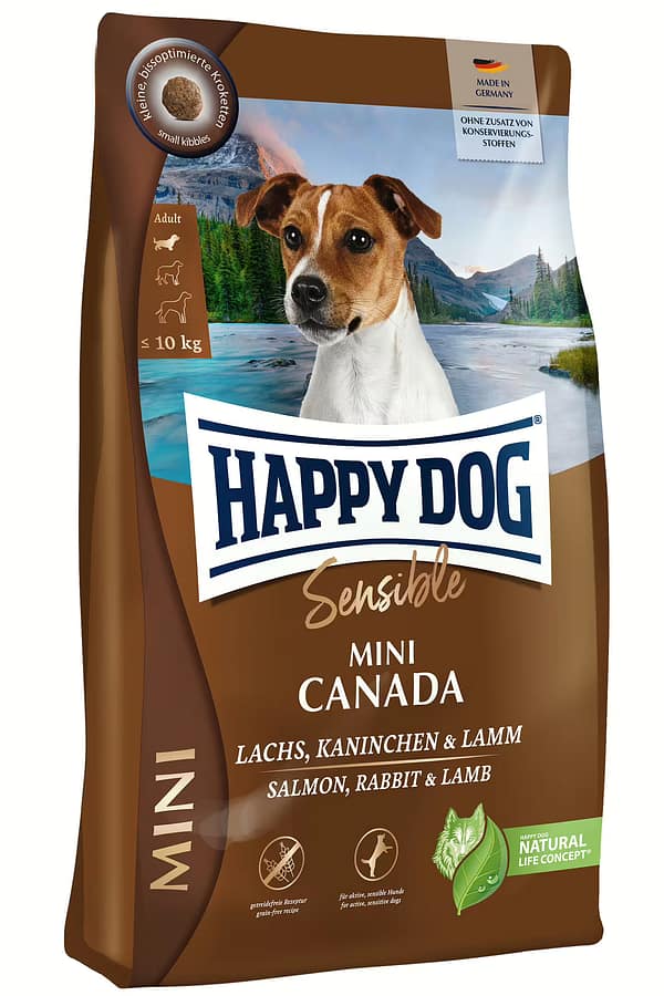 Mini-Sensible-Canada 4 kg. Happy Dog Sensible Mini Canada teraviljavaba täissööt väikest kasvu täiskasvanud koertele lõhe, küüliku-& lambalihaga
