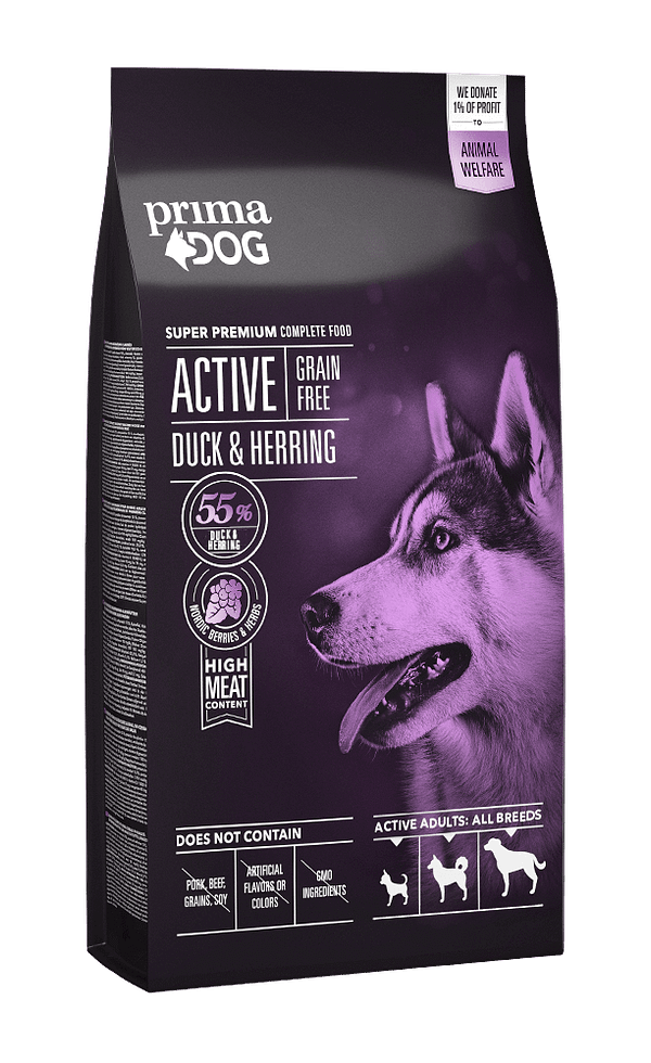 PD Duck-Herring for all active adult dogs 10kg 20 kg. Prima Dog teraviljavaba täissööt pardiliha ja heeringaga täiskasvanud koertele